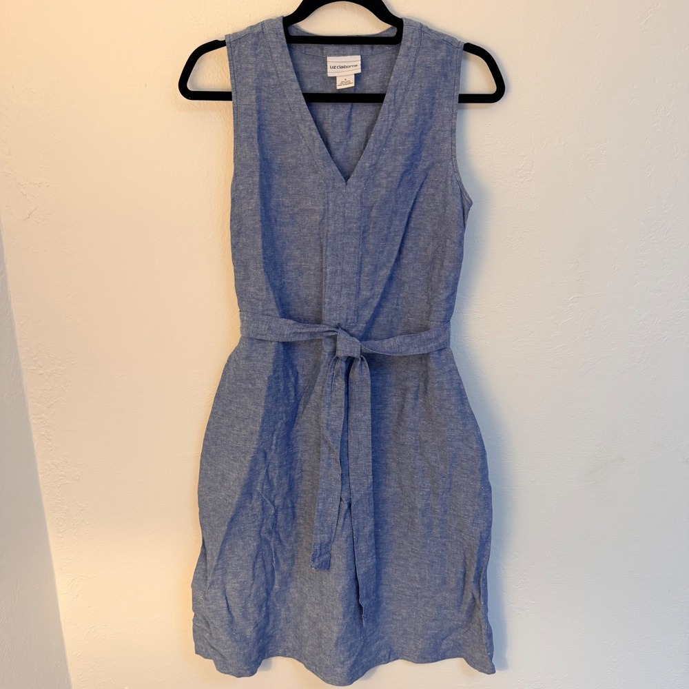 Liz Claiborne Blue Linen Blend Sleeveless V-Neck Tie Waist Dress Women S Cottage